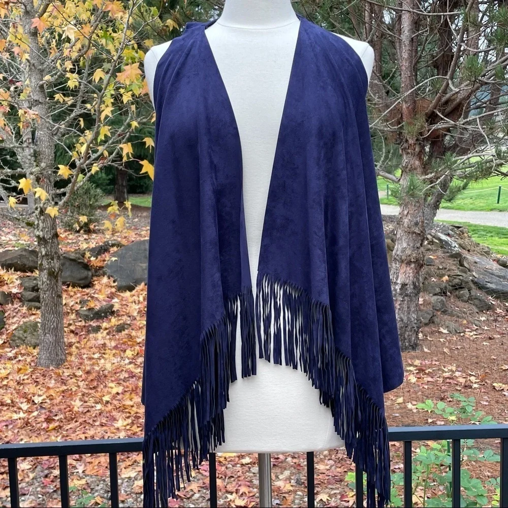 INC Suede Fringe Western Ranch Revival Boho Vest Blue Indigo New XS